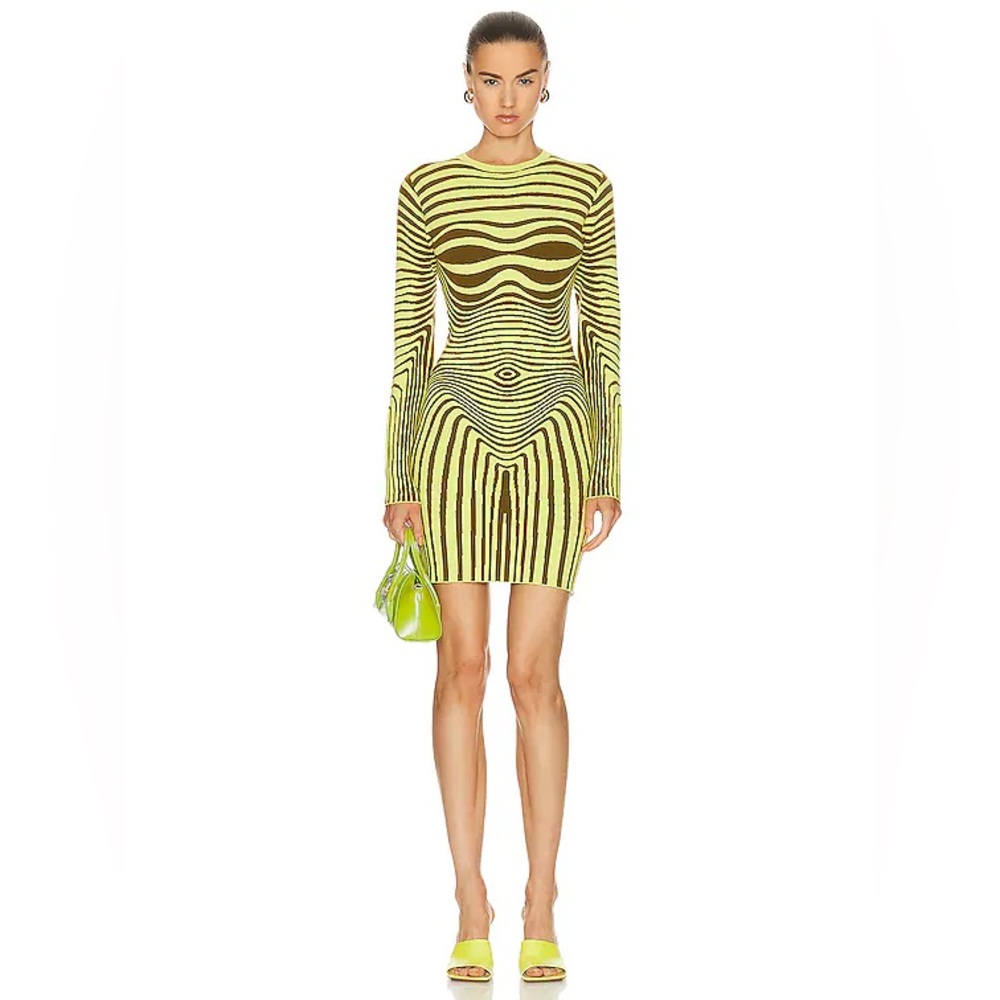 NWT Jean Paul Gaultier Neon Green Sweater Dress Morphing Stripes Size S